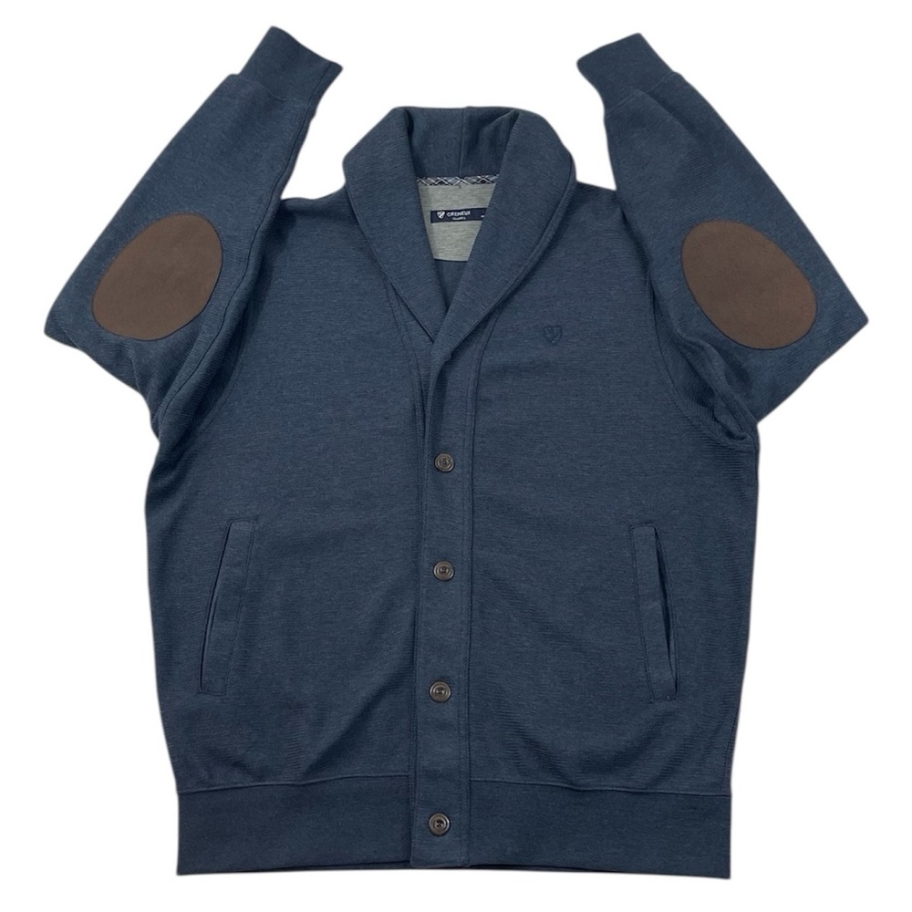Cremeux Classic Blue Cardigan with Brown Elbow Patches - NWOT